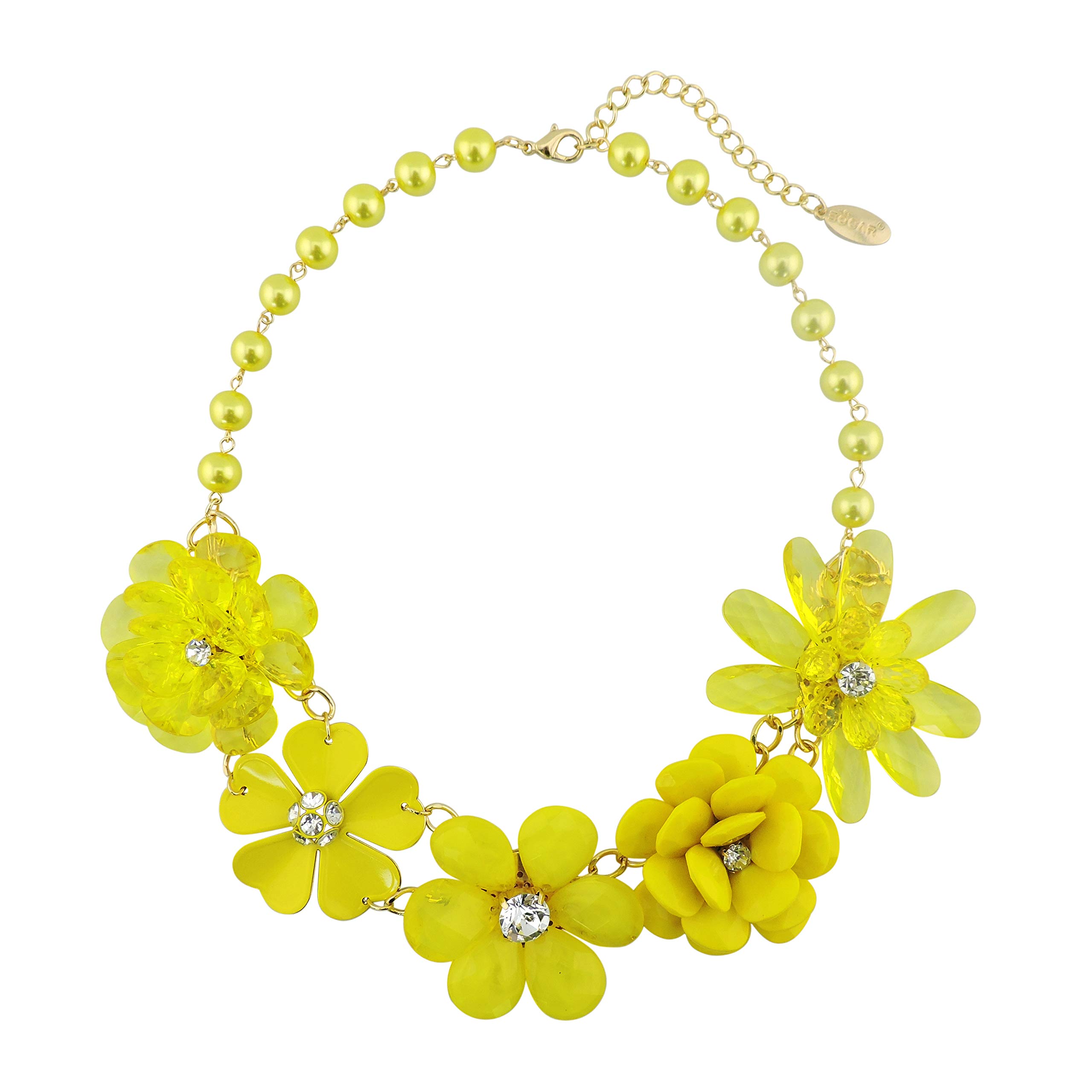 BOCAR 5 Flower Braided Crystal Statement Chunky Necklace Bib Collar Pearl Jewelry for Women (NK-10127-yellow)