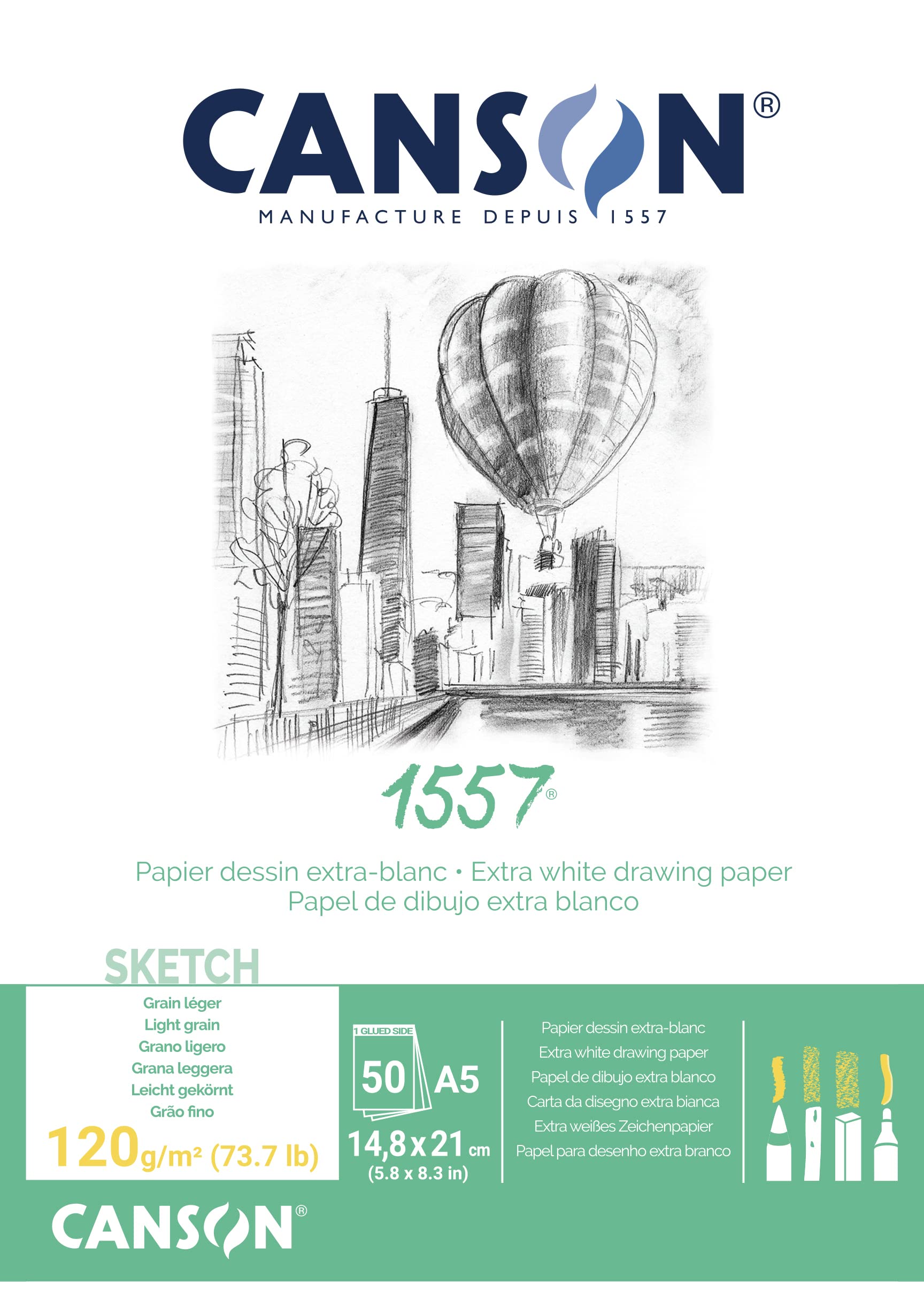 CANSON 1557 120gsm A4 White Sketch Paper Pad, Light Grain, Glued Short Side, 50 Extra White Sheets, For Professional Artists & Students