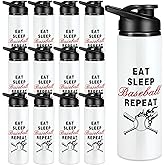 Hushee 12 Pcs 25 oz Baseball Water Bottles Bulk Aluminum Sport Bottles with Leakproof Lid Baseball Gift for Team Men Players Fan Coach(Eat Sleep)