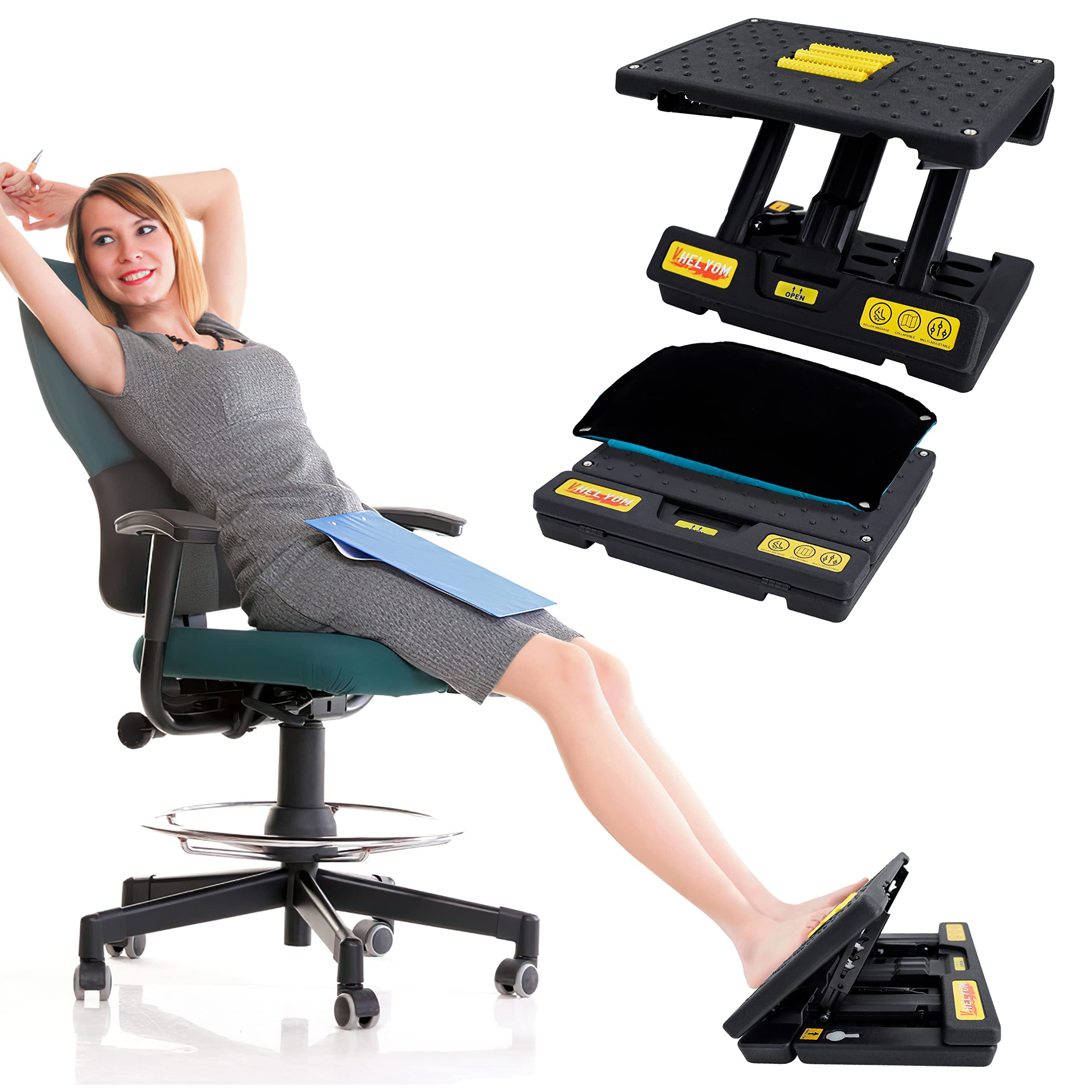 Photo 1 of Vhelyom Footrest for Under Desk, Height Adjustable Footrest with Massage Roller and Thick Cushion, Foldable Ergonomic Foot Rest for Car, Office, Home, Train