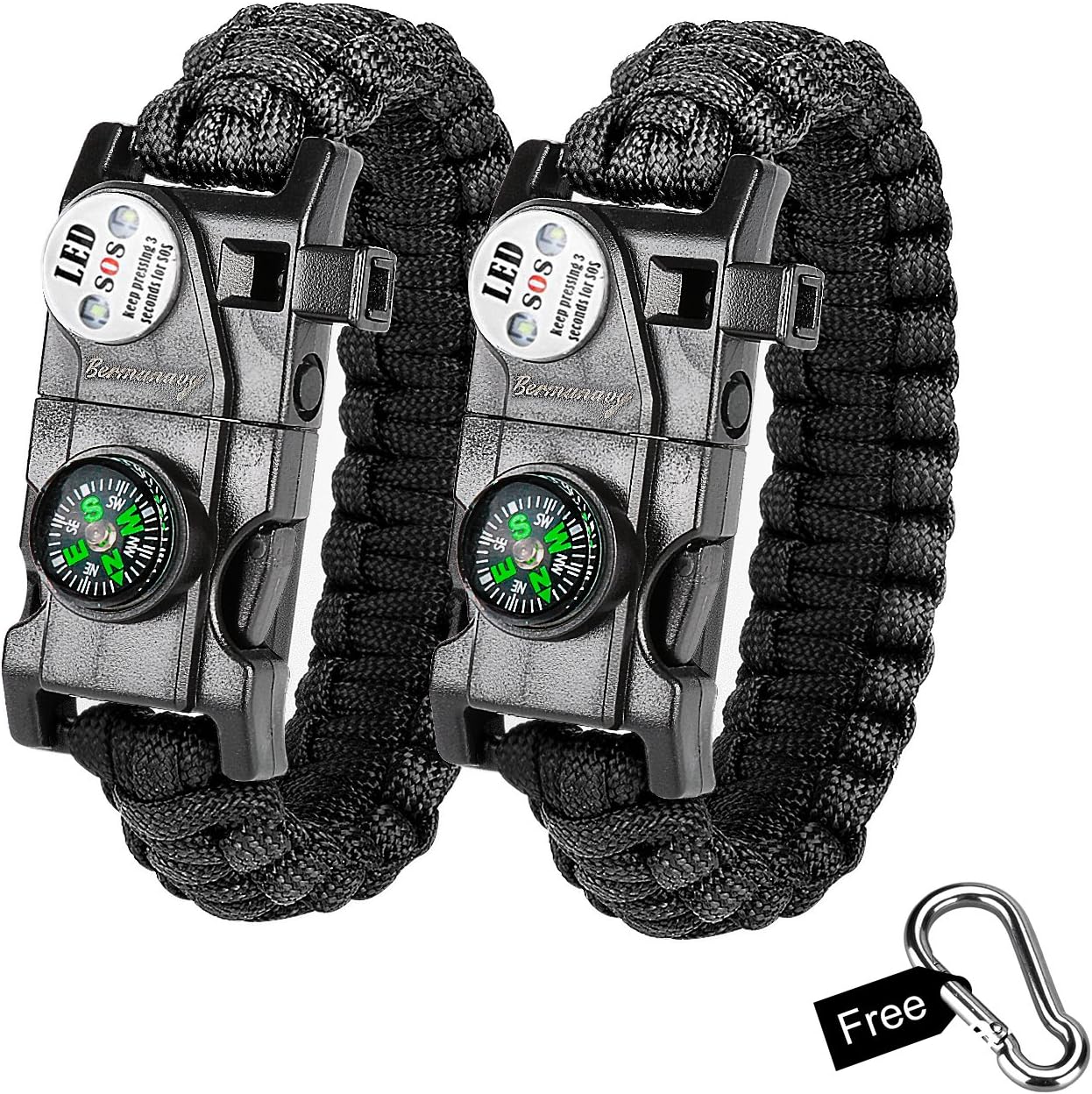 Bermunavy Survival Bracelet, 20 in 1 Paracord Bracelets 2 Packs - Survival Gear Kit with Compass SOS LED Light Emergency Knife Fire Starter Whistle for Hiking Camping Emergency Outdoor Activities