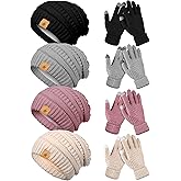 JaGely 8 Pieces Women Winter Hats and Gloves Set Women Warm Touchscreen Knitted Lined Gloves Winter Beanies