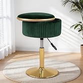 LITZFUR Adjustable Vanity Stool, Swivel Vanity Chair with Storage, Green | Velvet Makeup Stool with Gold Base, Small Round Ottoman Footrest for Living Room, Bathroom, Bedroom