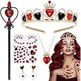 5 Pcs Red Gem Women Halloween Queen Costume Accessories, Queen Crown Red Necklace Poker Earrings Scepter Glitter Stickers, Halloween Party Cosplay Set