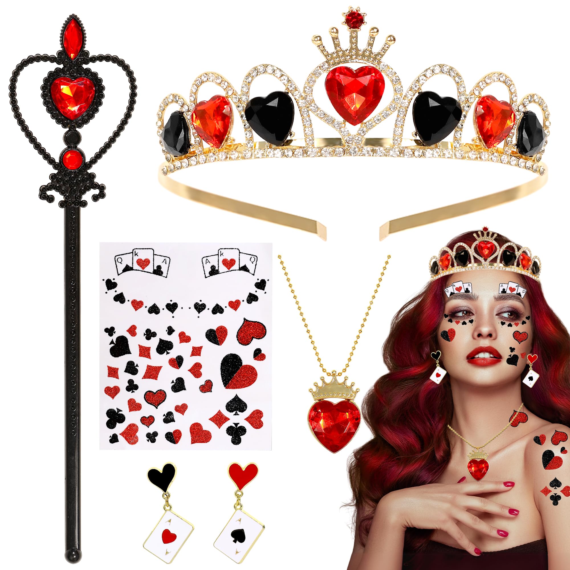 Photo 1 of 5 Pcs Red Gem Women Halloween Queen Costume Accessories, Queen Crown Red Necklace Poker Earrings Scepter Glitter Stickers, Halloween Party Cosplay Set