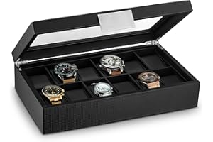 Glenor Co Watch Box Organizer for Men - 12 Slot Luxurious & Masculine Carbon Fiber Textured Case - Large Watch Holder - Glass Top Watch Display Case - Metal Accents - Watch Cases for Men – Black