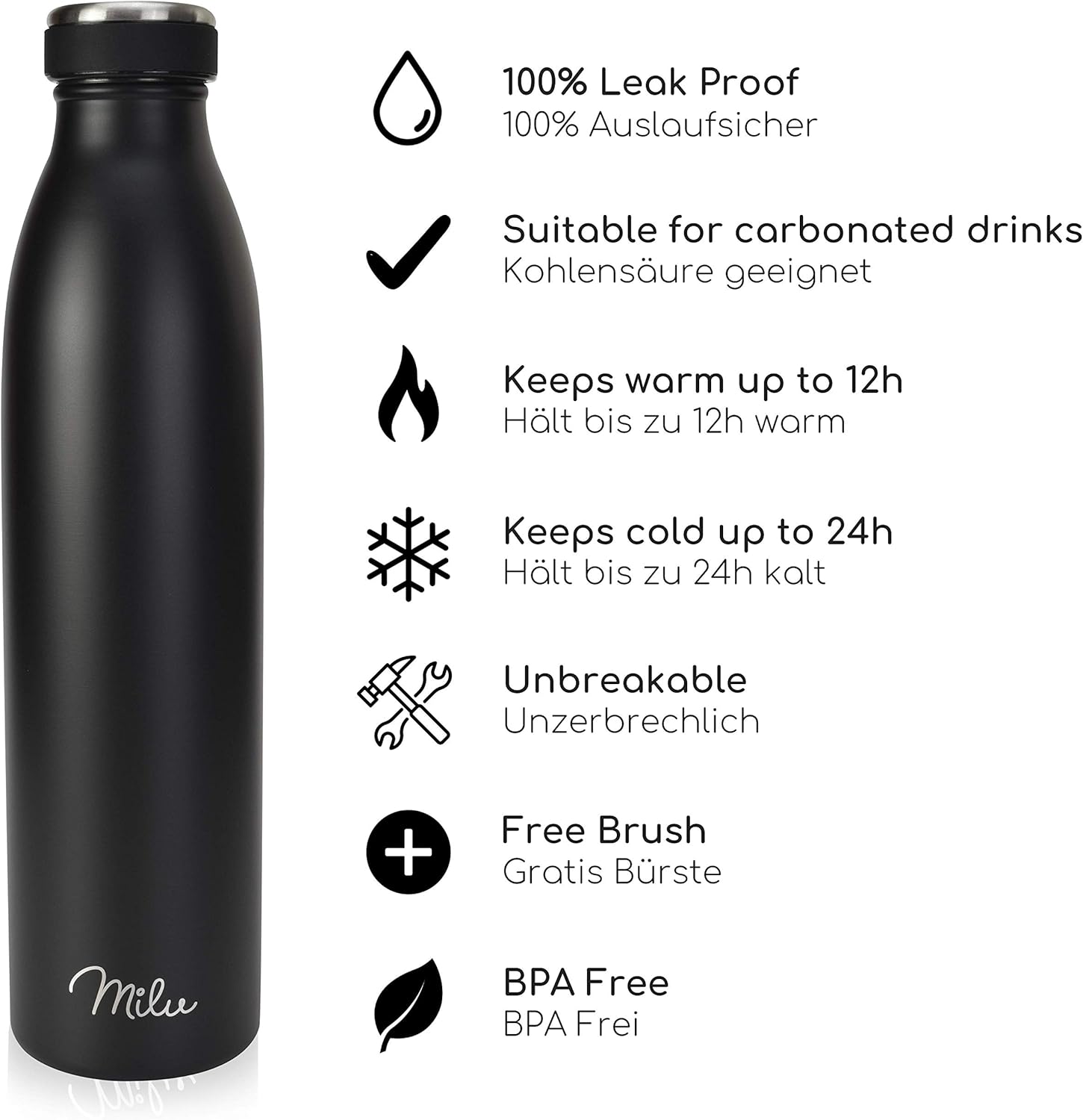 Milu Stainless Steel Drinking Bottle 1000 ml, Insulated Thermo Flask for Water, Leak Proof, Insulated and Double Walled - Image 3