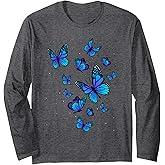 Blue Butterfly Art Garden Beautiful Butterflies Long Sleeve T-Shirt