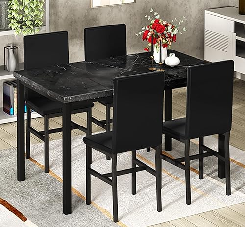 AWQM Faux Black Marble Dining Table with Upholstered Chairs, 5-Piece  Dining Room Table Set for Small Space, Breakfast Table Bar Table and Chairs  Set
