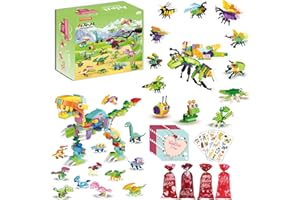 YZYVIOW Valentine's Day Gifts for Kids - 24 Dinosaurs + Insects Building Blocks with Valentines Day Cards, Ribbons, Goodie Bags & Stickers for Kids Classroom Kids Party Favors Exchange