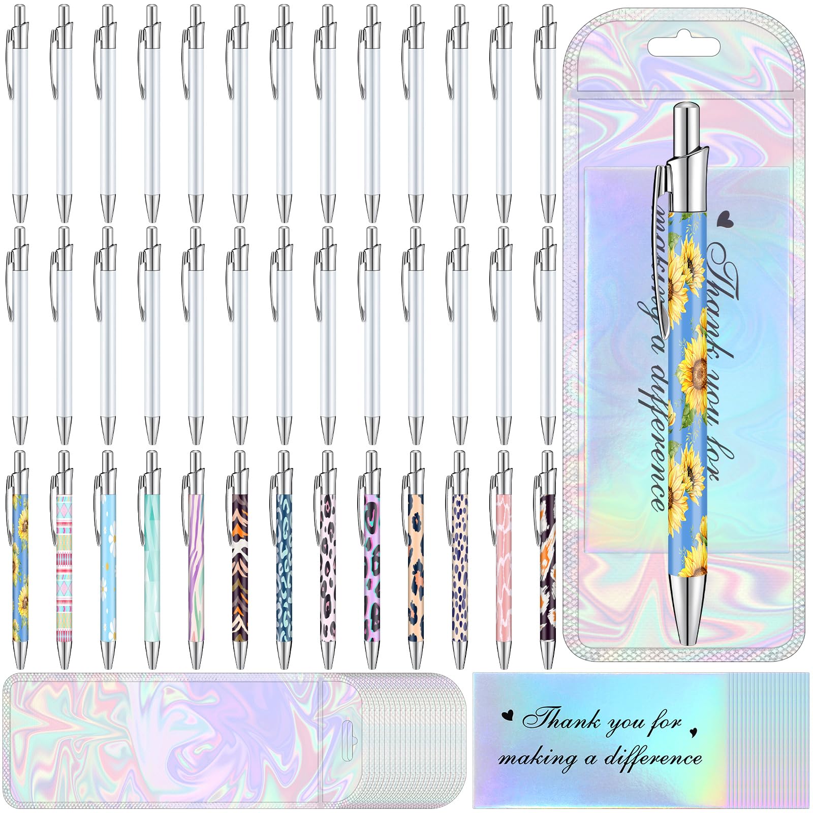 Photo 1 of Yexiya 120 Pcs Sublimation Pen Blank Kit Heat Transfer Ballpoint Pen with Shrink Wrap Pouch Bag Holographic Thank You Card Personalized Gift for Christmas DIY Favor Office School Stationery Supply