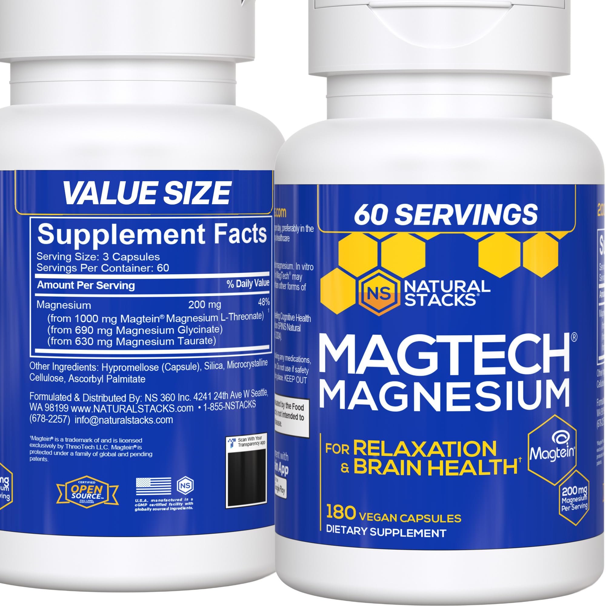 MagTech Magnesium Supplement - 3 Forms of Magnesium: Magtein L-Threonate, Glycinate & Taurate - 200mg Chelated Magnesium Complex - Supports Relaxation & Brain Health - 180 Capsules Image