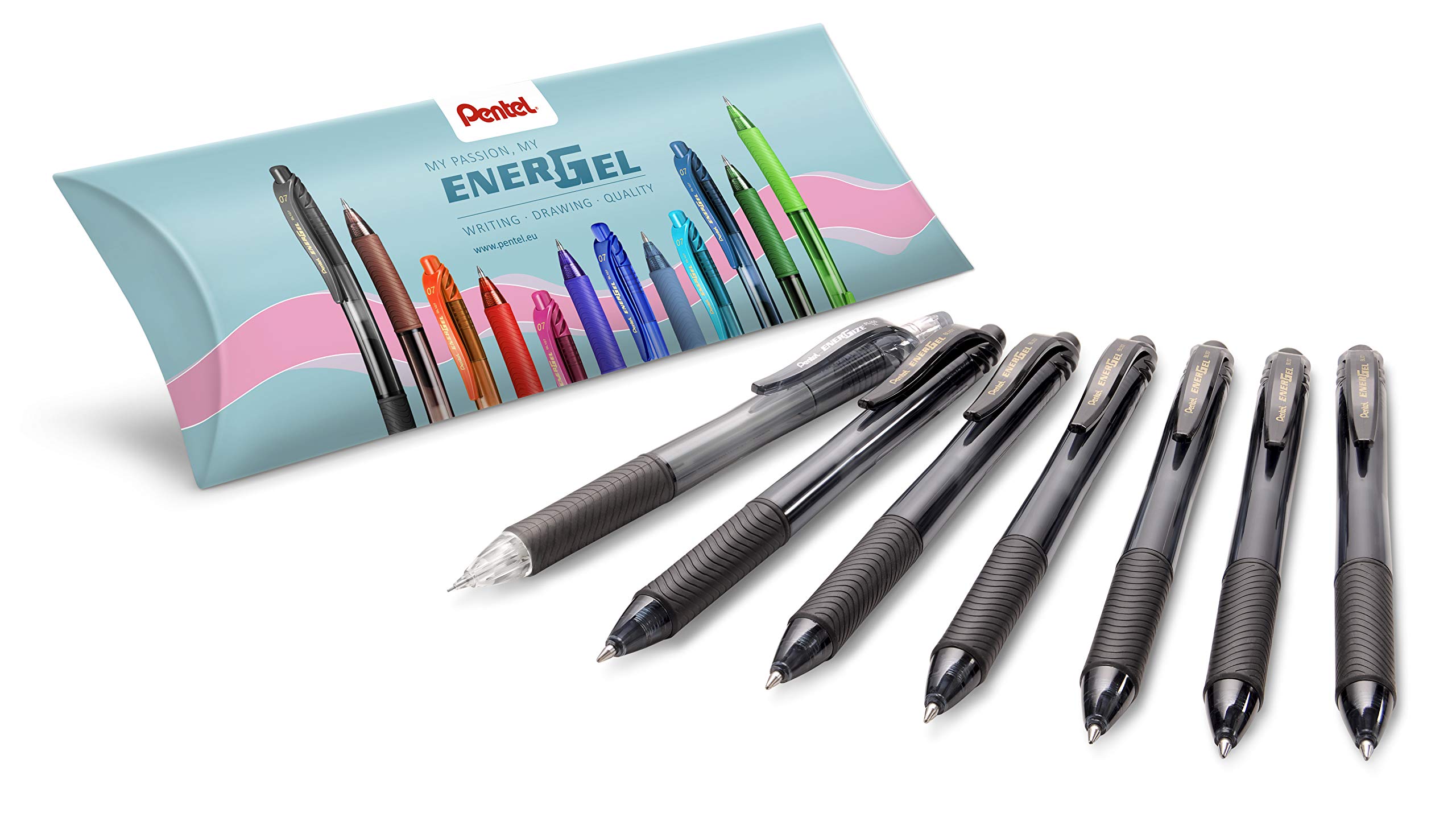 Pentel BL107-AO EnerGel Liquid Gel Rollerball Pen + PL105-AX EnerGize X Mechanical Pencil - Set of 6 Gel Rollerball Pens Black + 1 Mechanical Pencil 0.5 mm/HB