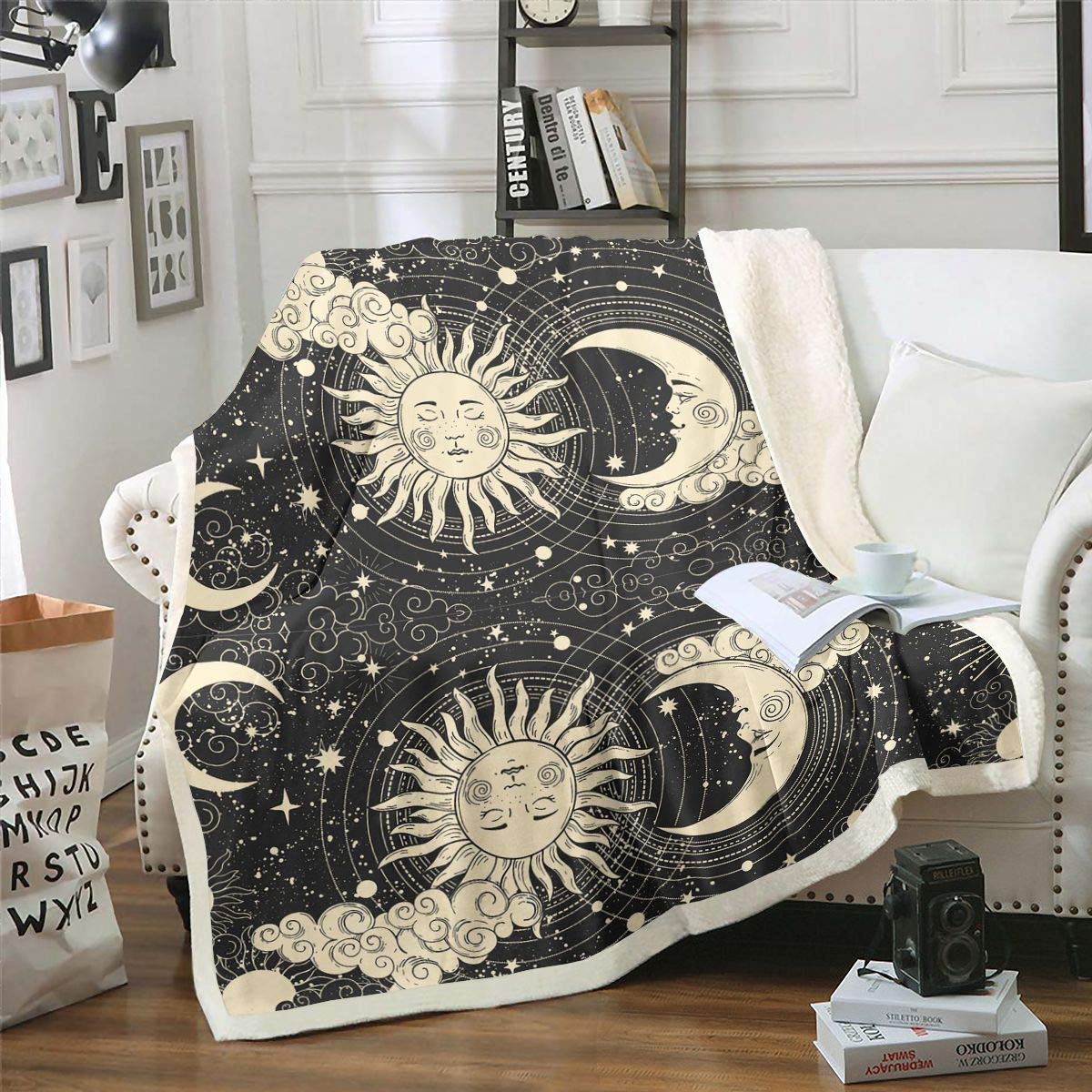 Boho Tribal Plush Sun Moon Cloud Sherpa Blanket for Kids Adults - Galaxy Universe Starry Sky Fleece Throw - Circle Star Astronomy Fuzzy for Sofa Bed Couch - Single 50x60 Inch