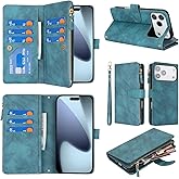 Jaorty Wallet Case Compatible with iPhone 17 Pro with Wrist Strap,2025 Release Purse for Women Men,[9 Card Slots] Card Holder Zipper Cash Pocket Magnetic Leather Cover,6.3 inch Blue