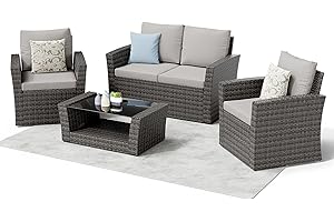 LHBcraft 4 Piece Outdoor Patio Conversation Sets, Wicker Patio Furniture with Rattan Glass Table, Cushioned Patio Furniture Set for Garden, Pool, Backyard (Grey-Grey)