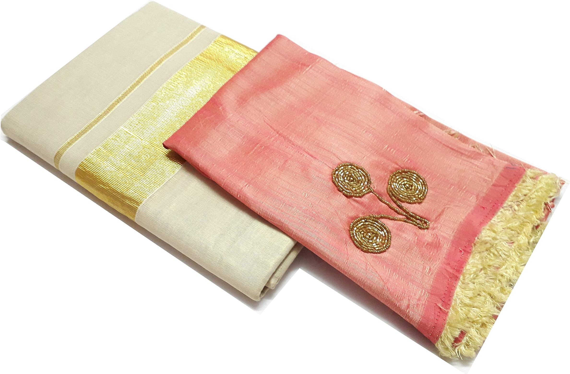 SouthLife™ Kerala Kasavu Tissue Saree Gold Kasavu Border + Hand Embroidered Blouse piece