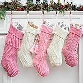 steo spce 5 Pack Pink & White Farmhouse Christmas Stockings – Rustic Boho Vintage Cable Knit Set, Includes 3 Small 15” Pink and 2 Large 18” White Stockings for Fireplace Mantel Holiday Décor