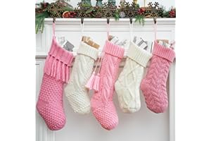 steo spce 5 Pack Pink & White Farmhouse Christmas Stockings – Rustic Boho Vintage Cable Knit Set, Includes 3 Small 15” Pink and 2 Large 18” White Stockings for Fireplace Mantel Holiday Décor