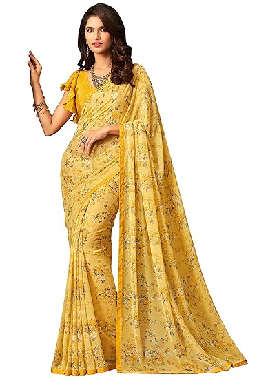 Women's Georgette Saree with Blouse Piece (RKRU2505B_Yellow)