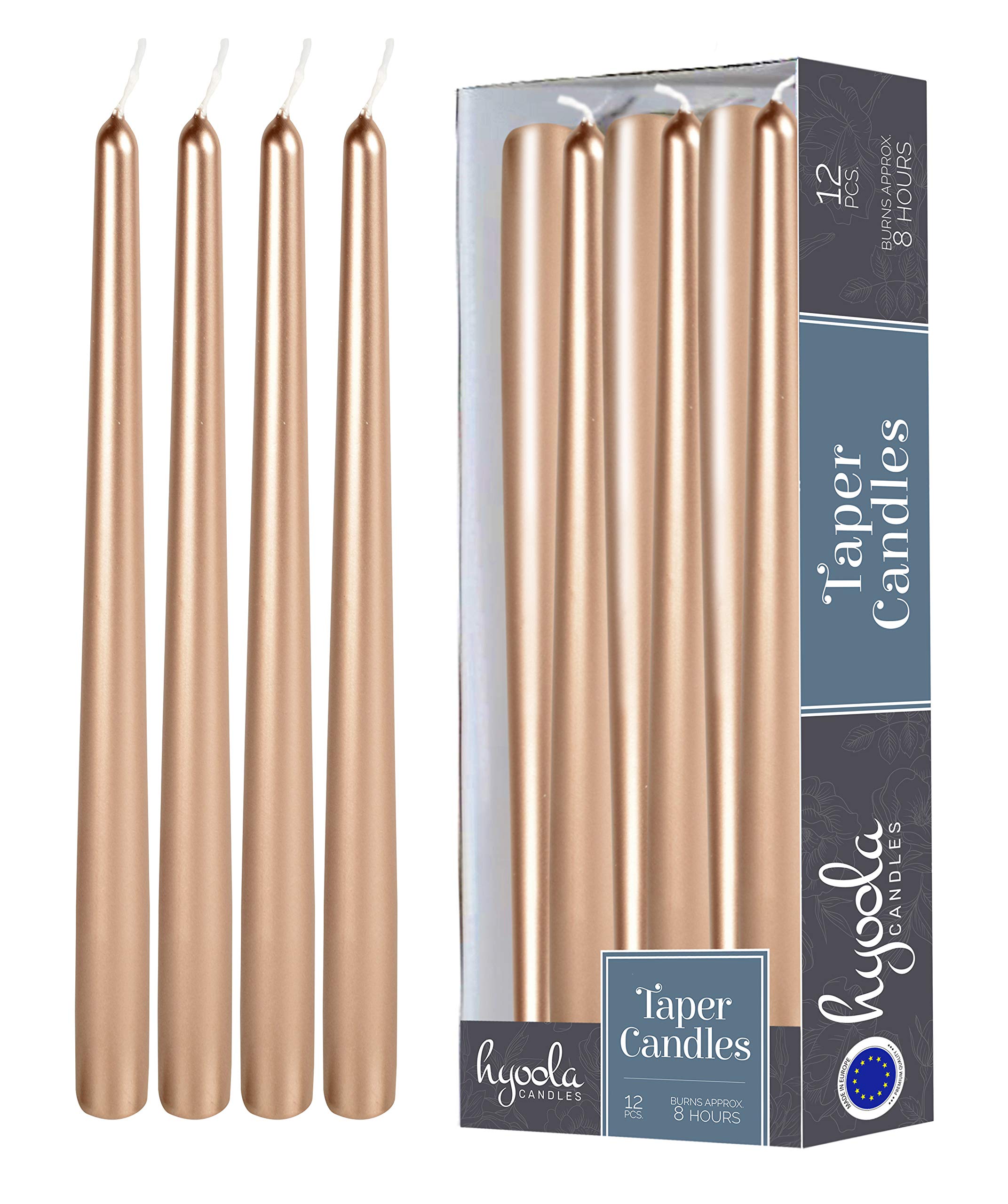 Hyoola Metallic Copper Taper Candles - 250 mm (10 Inch) Unscented Dripless Taper Candles - 8 Hour Burn Time - 12 Pack