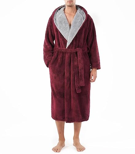 DAVID ARCHY Men's Soft Plush Fleece Robe Full Length Hooded Long Bathrobe  for Men with Hood (S, Red- Shu Velveteen) in Kuwait Whizz Robes