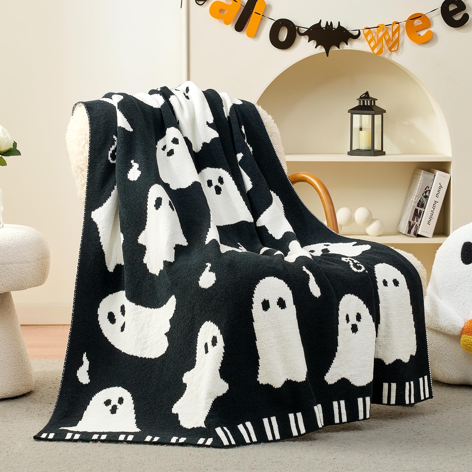 Photo 1 of Amélie Home Halloween Throw Blanket for Couch, Dual- Sided Spooky Halloween Ghost Cute Terror Scence, Chenille Knit Soft Cozy for Sofa Home Decor Gifts, 50" x 60", Ghost