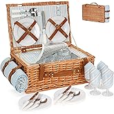 HappyPicnic Wicker Picnic Basket Set for 4 Persons | Large Willow Hamper with Large Insulated Cooler Compartment, Waterproof Blanket and Cutlery Service Kit-Classical Brown