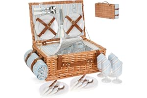 HappyPicnic Wicker Picnic Basket Set for 4 Persons | Large Willow Hamper with Large Insulated Cooler Compartment, Waterproof Blanket and Cutlery Service Kit-Classical Brown