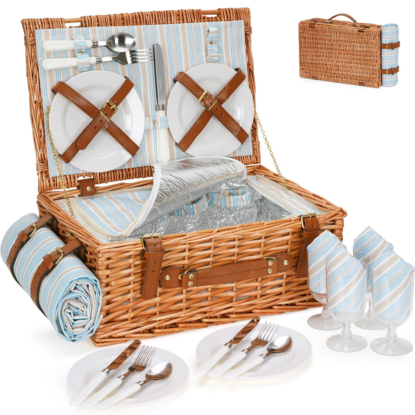 HappyPicnic Wicker Picnic Basket Set for 4 Persons - Large Willow Hamper with Large Insulated Cooler Compartment, Free Waterproof Blanket and Cutlery Service Kit-Classical Brown
