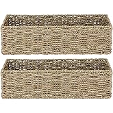 WEAVELYRICS [2-Pack] Seagrass Storage Baskets, Rectangle Wicker Containers, Wicker Toilet Basket Tank Topper, Handwoven Natural Storage Baskets for Shelves, Bathroom, Bedroom (16" x 6.5" x 4.3")