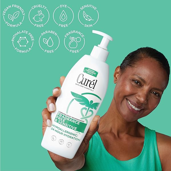 CUREL FRAGRANCE FREE COMFORTING BODY LOTION, UNSCENTED DRY SKIN MOISTURIZER FOR SENSITIVE SKIN, WITH ADVANCED CERAMIDE COMPLEX, REPAIRS MOISTURE BARRIER, 20 OZ