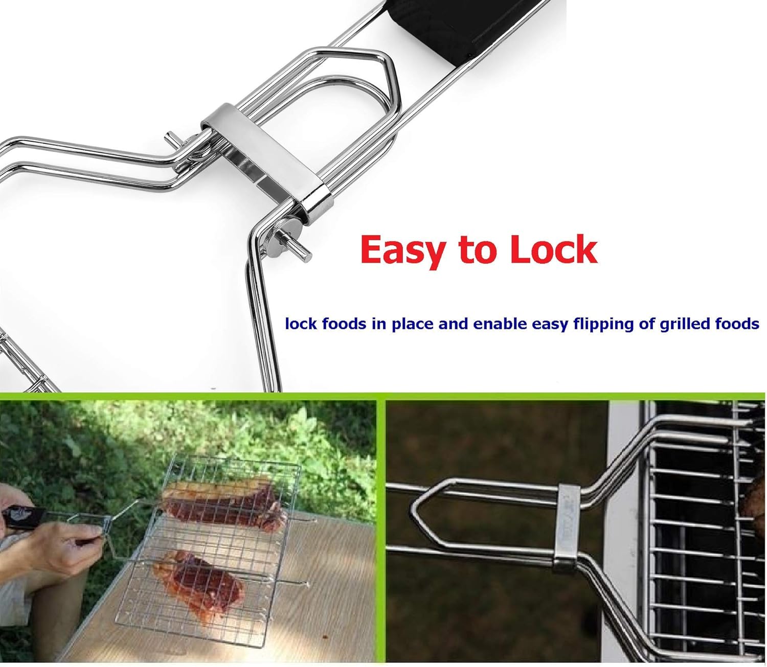 AIZOAM Portable Stainless Steel BBQ Barbecue Grilling Basket for Fish, Vegetables, Shrimp, and Small Flat Sea Food .Great Useful BBQ Tool.-【Bonus Additional Sauce Brush and 50 Natural Bamboo Skewers 】 : Garden & Outdoor