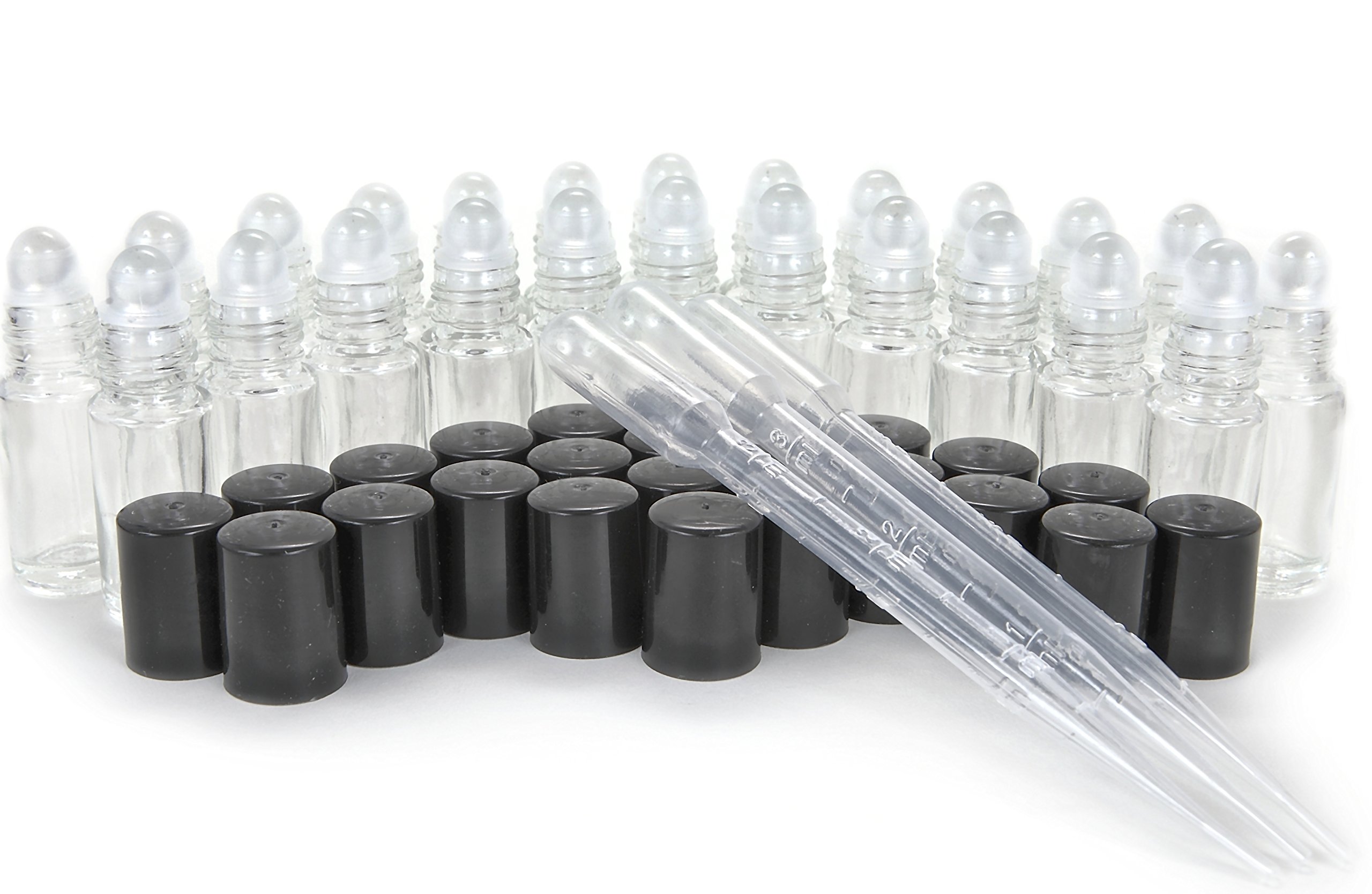 Vivaplex 24, Clear, Mini (Approx. 4 Ml, 1/8 Fl. Oz) Glass Roll On Bottles, With 3-3 Ml Droppers