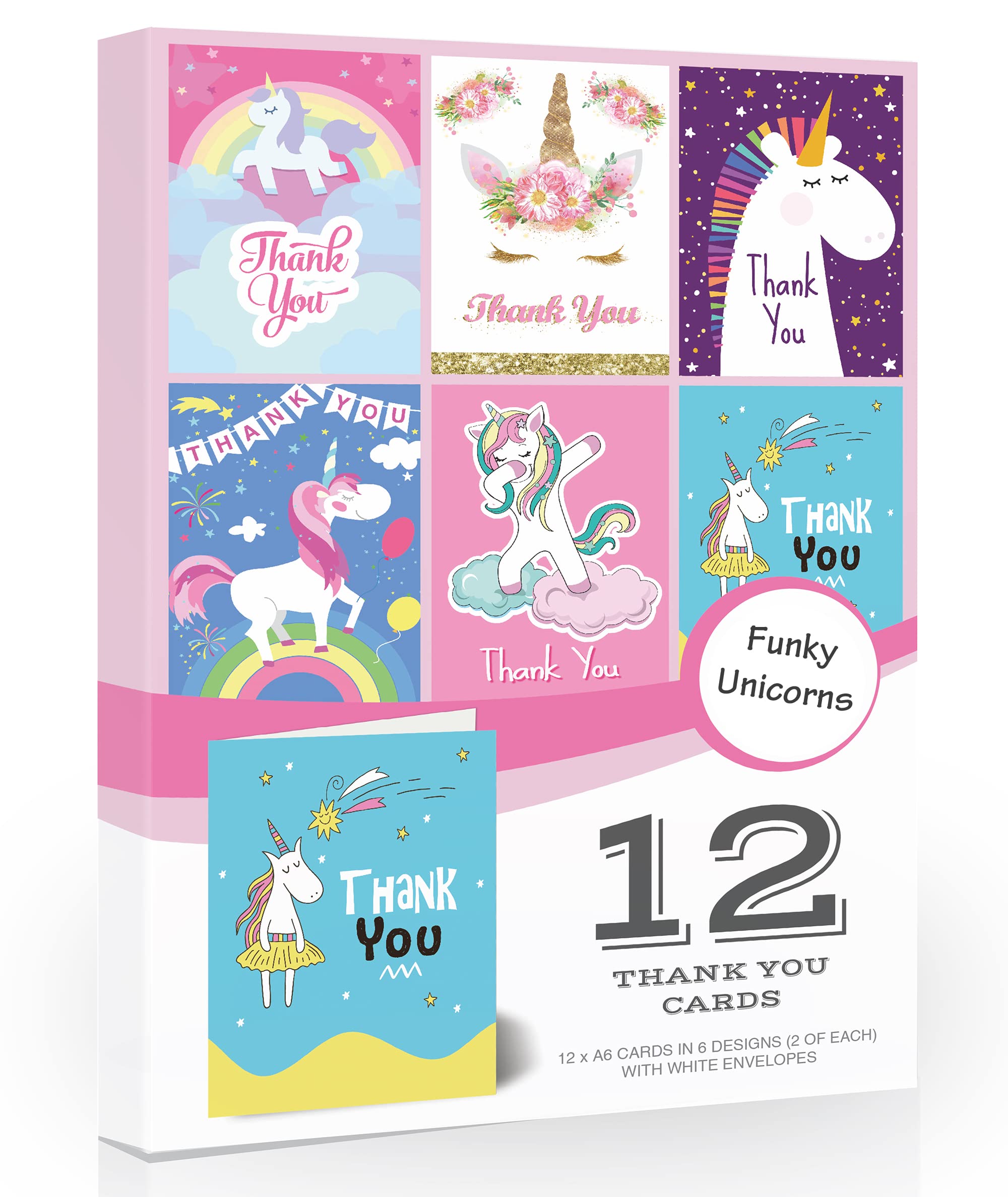 Olivia Samuel 12 x Bright Unicorn Thank You Cards Folding Style MultiPack - Set 5 (Unicorn Collection) with Envelopes