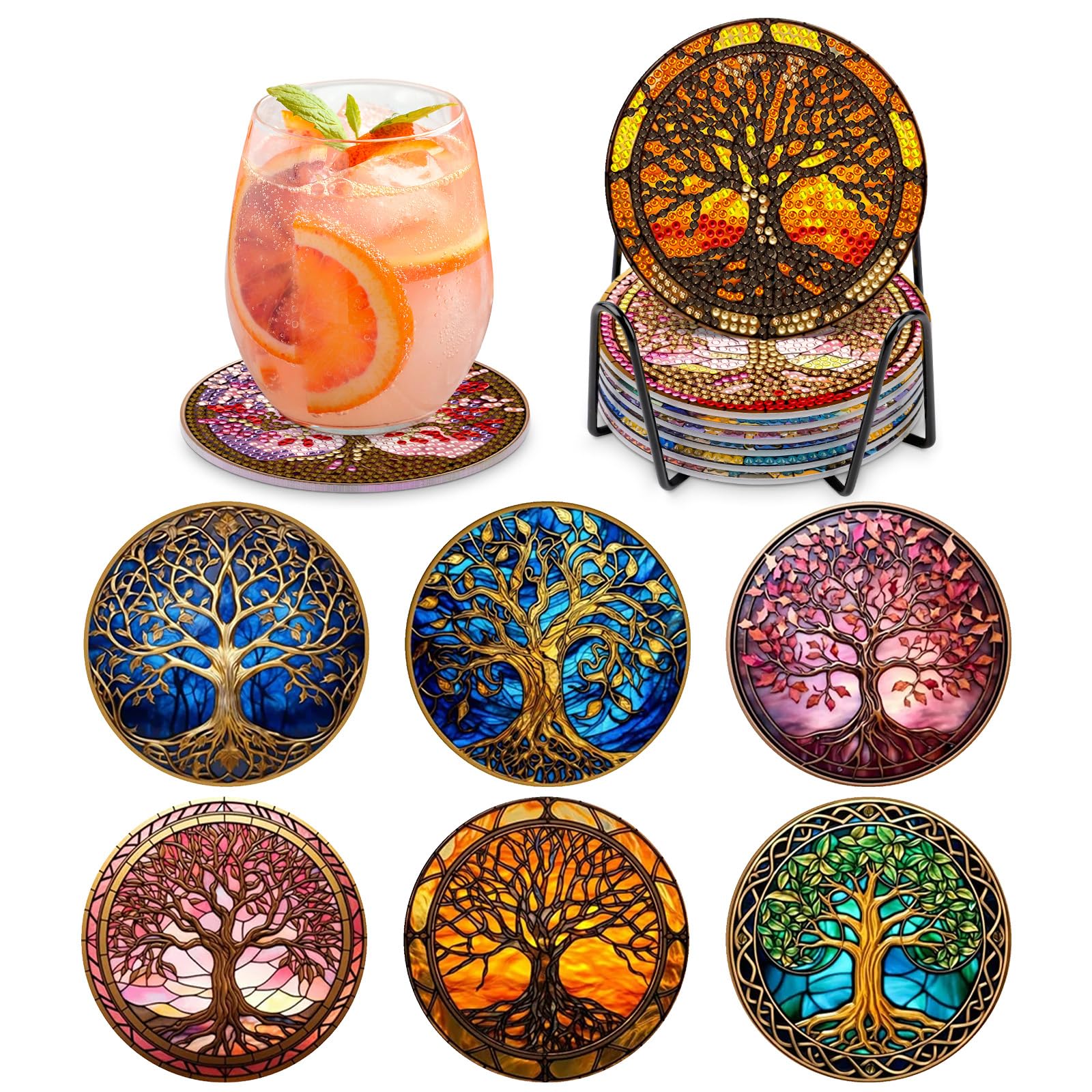 MOGTAA 6 Pc Tree of Life Diamond Coasters Kit with Holder - 5D Art Coasters for Adults & Kids Beginners - DIY Gem Painting Landscape Sets for Home Decor