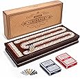 AMEROUS Wooden Cribbage Board Game Set with Magnetic Lock / 9 Metal Pegs / 2 Decks of Playing Cards/Larger Storage Area/Instruction, Classic Tabletop Game for Family (3 Track Board)