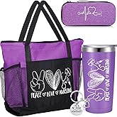 Coume 4 Pcs Christmas Nurse Gifts for Women Peace Love Nursing Appreciation Gift Set Include Tote Bag Stethoscope Case Tumbler Keychain for RN, NICU, Practitioner, Nurses Week, Graduation(Purple)