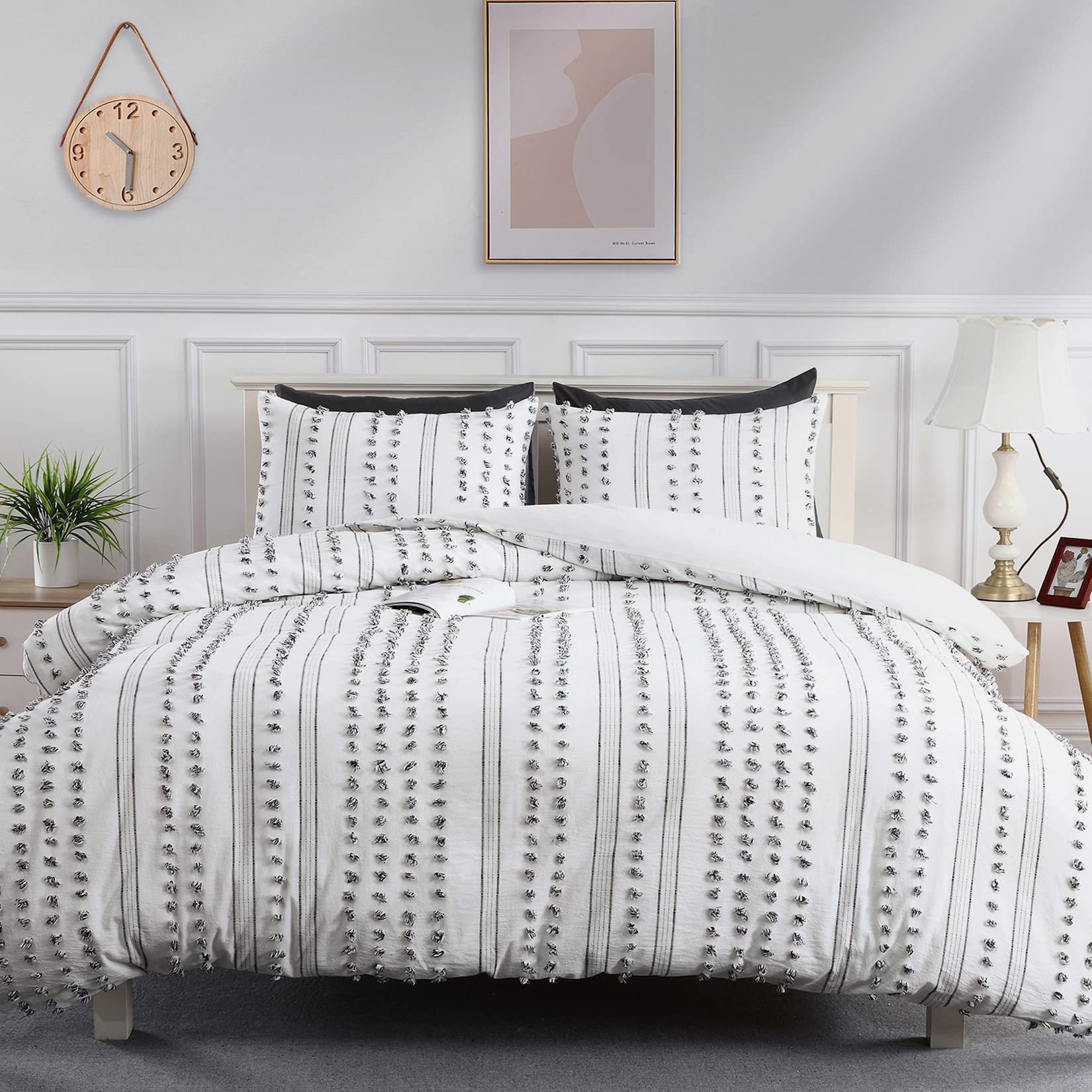 Photo 1 of 100% Cotton Duvet Cover Queen Size, 3Pcs Yarn-Dyed Tufted Dots Jacquard Duvet Cover Set, Boho Textured Duvet Cover Set for All Season, 88x92 Inch