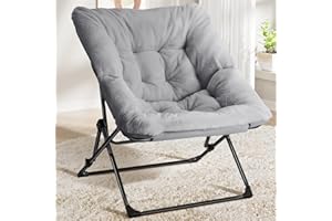 REONEY Comfy Saucer Chair, Soft Folding Faux Fur Lounge Lazy Chair for Kids Girls Teens Adults, Flexible Seating Dorm Reading Chairs for Bedroom, Living Room Black Metal Frame, Grey