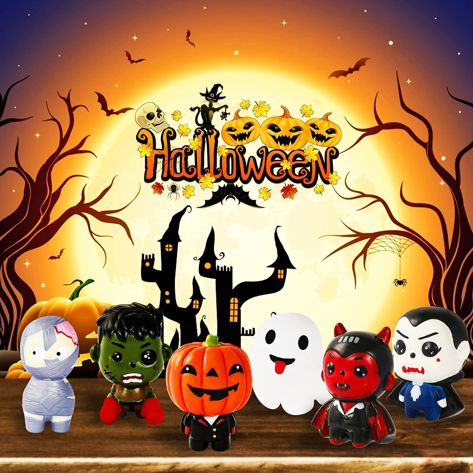 MGparty 6 Packs Halloween Squishies Toys Slow Rising Pumpkin, Ghost, Vampire, Bat, Mummy, Zombie Boy Soft Squishies Toys for Kids, Girls, Boys Halloween Treat Bag Party Favors Classroom Prizes