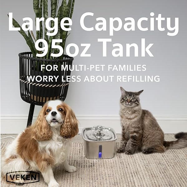 VEKEN INNOVATION AWARD WINNER STAINLESS STEEL CAT WATER FOUNTAIN, 95OZ/2.8L AUTOMATIC PET FOUNTAIN DOG WATER DISPENSER WITH REPLACEMENT FILTERS & SILICONE MAT, GIFTS FOR CATS, DOGS (SILVER)