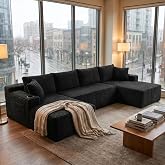 125" U-Shaped Modular Sectional Sofa, Corduroy Boneless Couch, Black | Cloud Luxury Comfort, Couches for Living Room, Storage &amp; Cupholder, Oversized Sofa, Deep Seat, No Assembly Required