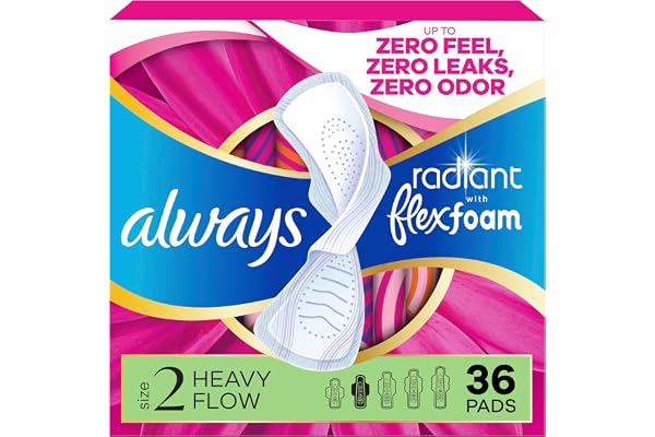 Always Radiant with FlexFoam Pads for Women, Size 2, Heavy Pad with Wings, Scented, 36 Count