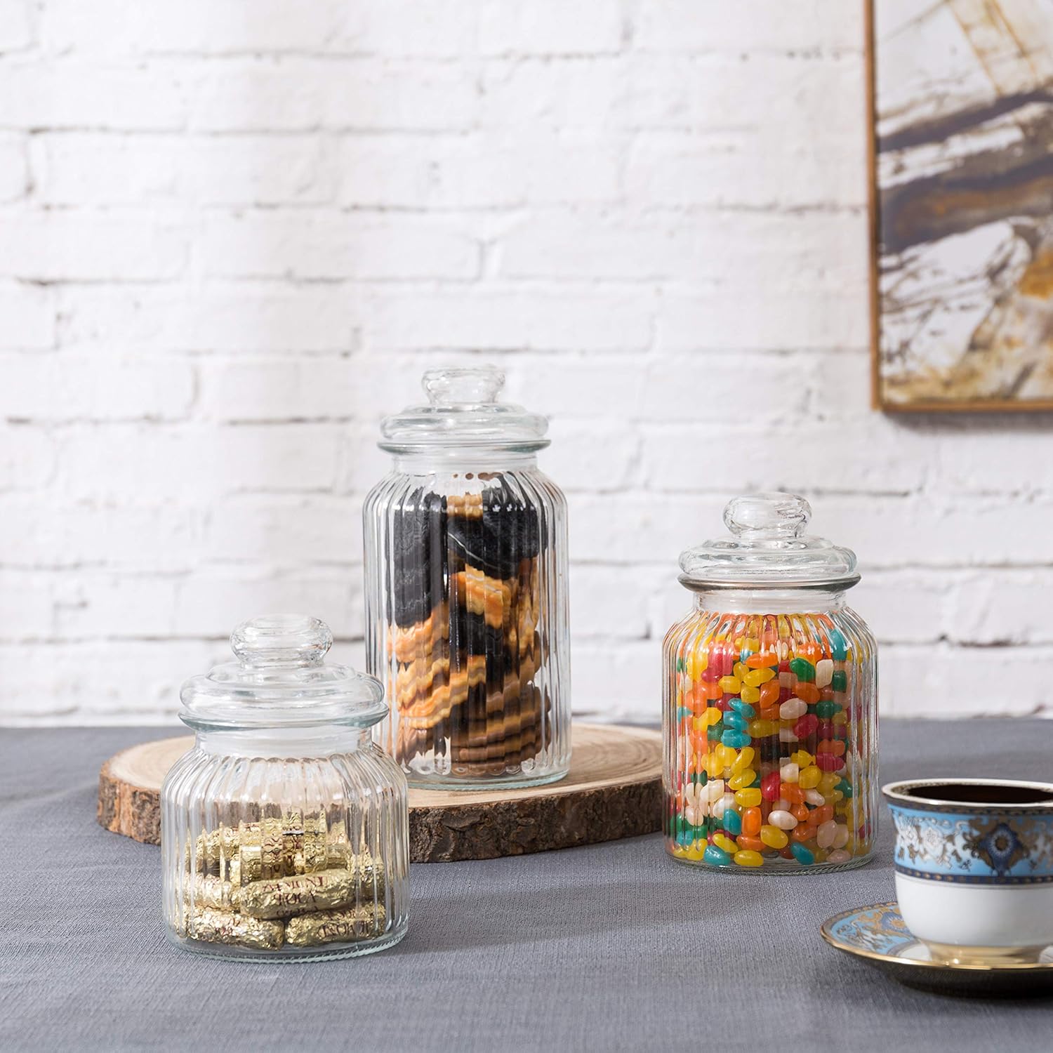 MyGift 22oz / 32oz / 44oz Vintage Ribbed Glass Apothecary Jars, Storage Canisters with Airtight Lids, Set of 3: Home & Kitchen