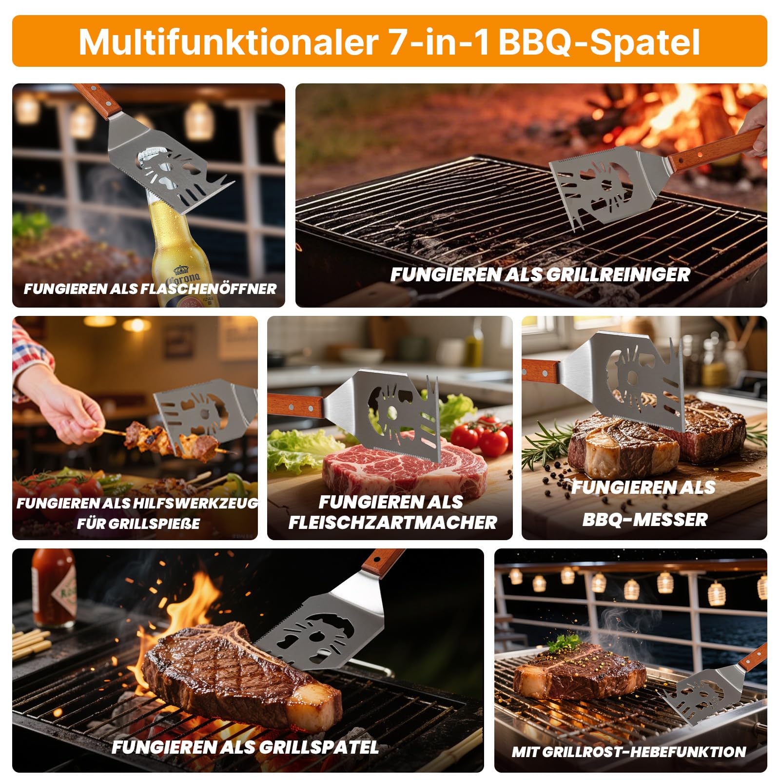 3-teiliges Grillbesteck-Set. Extra Langes Grillwerkzeug, Grillzubehör Männer Geschenk, Grillzubehör mit Grillzange, Grillwender, Fleischgabel Extra-Langen Holzgriffen,Grill Geschenke für Männer 7