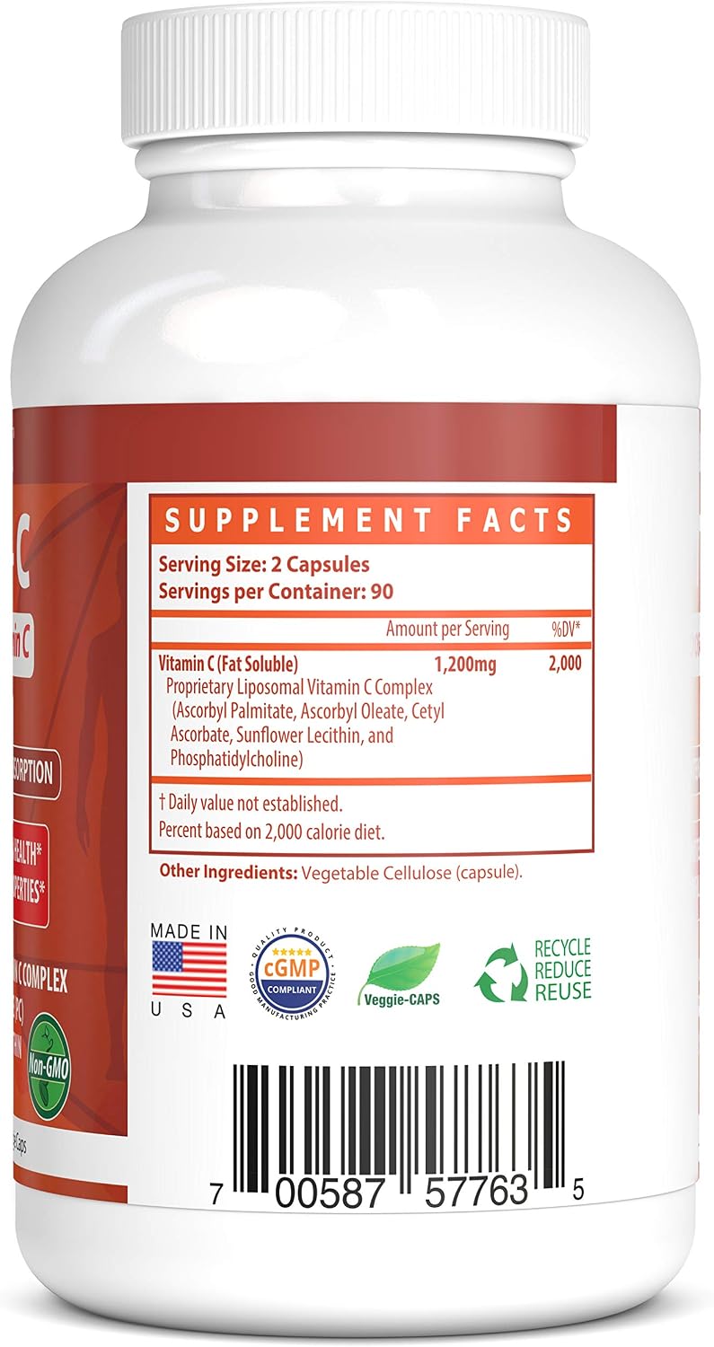 Liposomal Vitamin C - 1500 mg - 180 Veggie Caps - Proprietary Liposomal C Complex with Phosphatidylcholine (PC) from Sunflower Lecithin - Image 3