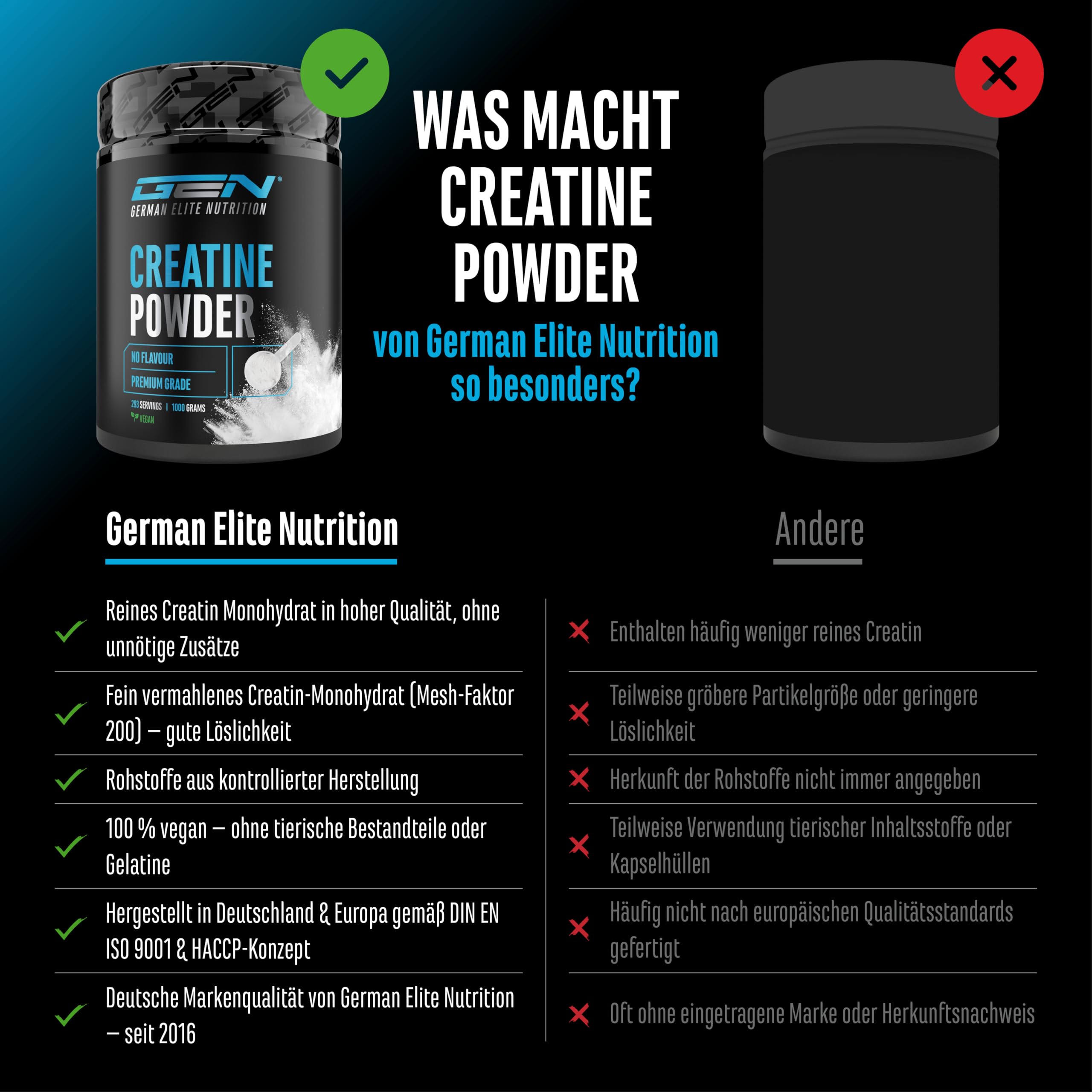 Creatin Pulver - 1kg / 1000 g - Creatine Monohydrat Pulver - Optimale Löslichkeit & mikrofein - Vegan - 293 Anwendungen - German Elite Nutrition 3