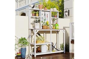 VOOHEK 64.6" Large Outdoor Potting Bench, Garden Work Table, Wood Workstation with 6-Tier Shelves, Large Tabletop and Side Hook, for Mudroom, Backyard, White