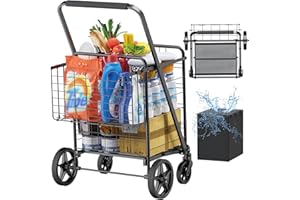 HONGYING Shopping Carts for Groceries, Encrypted Bottom Grocery Cart with Waterproof Liner, Lightweight Folding Utility Cart with Rolling Swivel Wheels & Double Basket, Ideal Gift for Elderly, Women, Parents